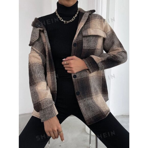 Oversized Plaid Shacket Jacket – Neutral Brown Checkered Coat Size Large - Picture 3 of 5